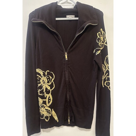 Cache Womens Jacket Small Vintage Floral Knit Zipper Front Brown Gold Metallic - Picture 1 of 4